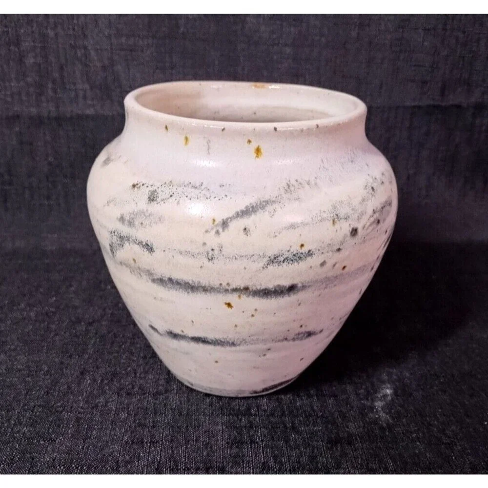 Vintage Signed Studio Pottery Ceramic Speckle Glaze Blue Stripe Vase Planter Pot